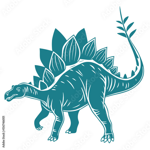 Stylized teal stegosaurus dinosaur with iconic plates and tail spikes walking isolated on white background