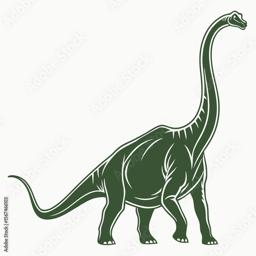 A stylized green dinosaur with a long neck and tail stands against a white background representing ancient life