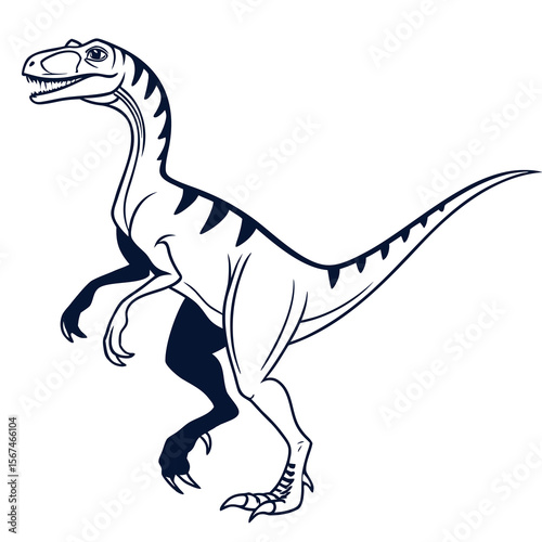 Stylized cartoon illustration of a velociraptor dinosaur in a dynamic pose with bold outlines and dark shading