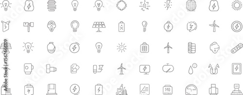 Energy and electricity icon set outline style, renewable energy symbols, electric components, power generation vector elements for UI and infographics