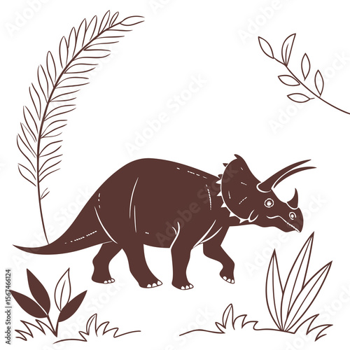 Stylized brown silhouette of a triceratops dinosaur walking through prehistoric foliage and ferns on a white background
