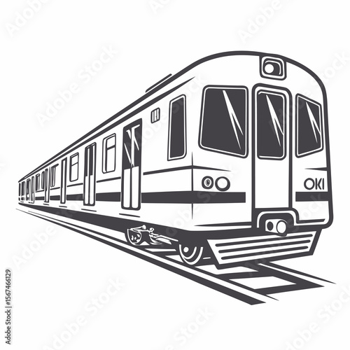 Stylized graphic illustration of a modern passenger train moving along railway tracks in a dynamic perspective
