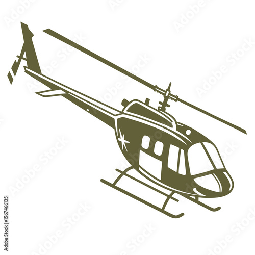 Stylized olive green silhouette of a modern utility helicopter in flight against a white background