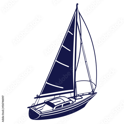 A simple navy blue outline illustration of a modern sailboat with full sails gliding gracefully across the water