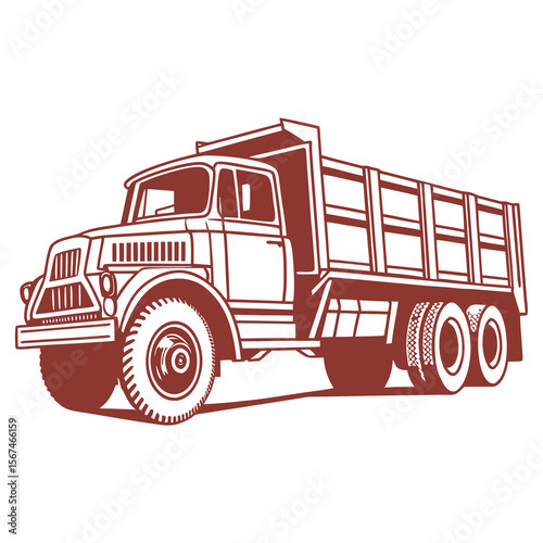 Retro style illustration of a vintage heavy duty dump truck with a large cargo bed and dual rear wheels