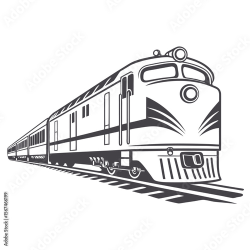 Classic diesel locomotive pulling passenger cars along railroad tracks in a stylized black and white illustration