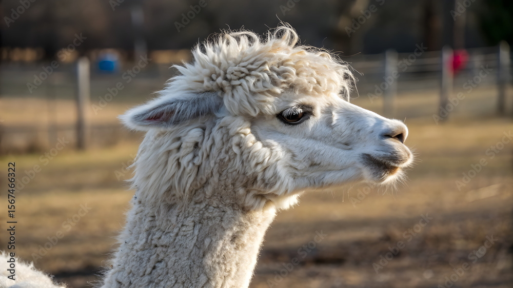 Obraz premium A side view of an alpaca's head, highlighting its gentle features and fluffy coat in a close-up shot.