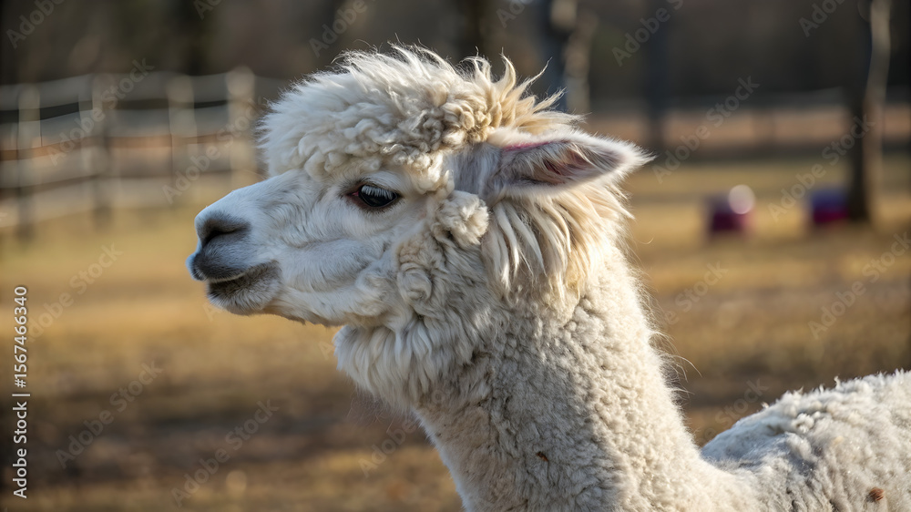 Obraz premium Close-up of an alpaca with its head turned to the side, showcasing its soft fur and curious expression