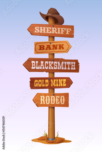 Western signboard with wooden signs, wild west signage. Cartoon vector signpost with arrows labeled sheriff, bank, blacksmith, gold mine and rodeo. Cowboy hat on top, desert base with stones and grass