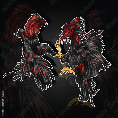 Vector illustration of two fighting cocks fighting.