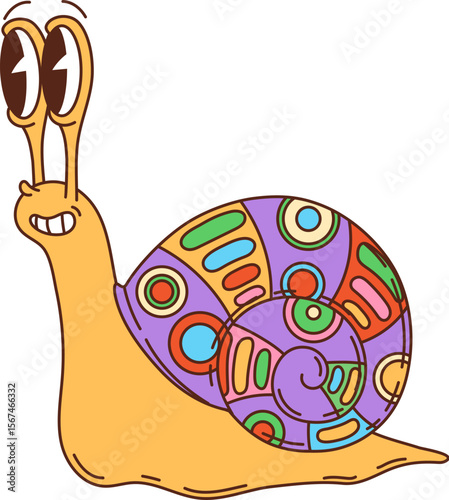 Retro groovy snail character or hippie symbol. Groovy comical slug personage with big eyes and psychedelic pattern on shell. Cheerful snail character isolated vector sticker, cartoon 80s retro symbol