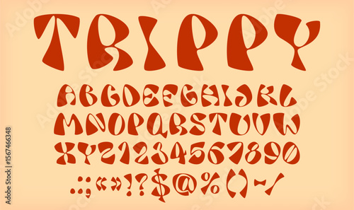 Trippy font letters, vintage groovy type, retro psychedelic typeface, 60s 70s abc alphabet. Vector hippy funky type english abc characters typography set. Retro trippy alphabet font of chunky letters