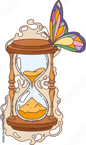Sand clock, hourglass retro hippie groovy object. Time measuring and flow with ancient wooden sand clock and psychedelic butterfly funky vector concept or groovy retro icon. Magic fantasy hourglass