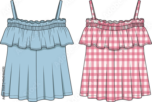 Girls sleeveless ruffled tops cad drawing flat vector illustration, pleated bottom hem, patterned and solid styles, front and back sketch layoutGirls sleeveless ruffled tops cad drawing flat 