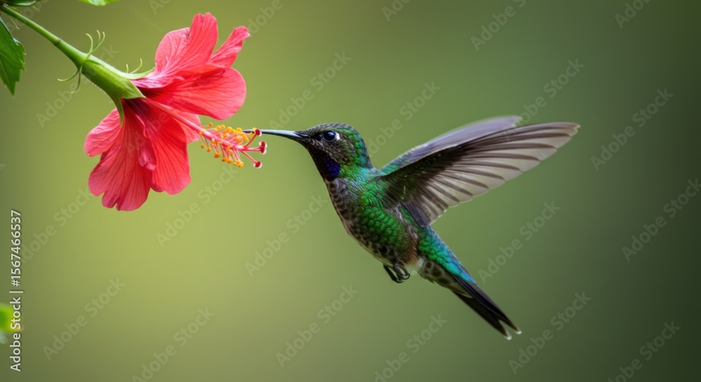 Fototapeta premium Vibrant Hummingbird Hovering Near a Brilliant Red Flower to Drink Nectar