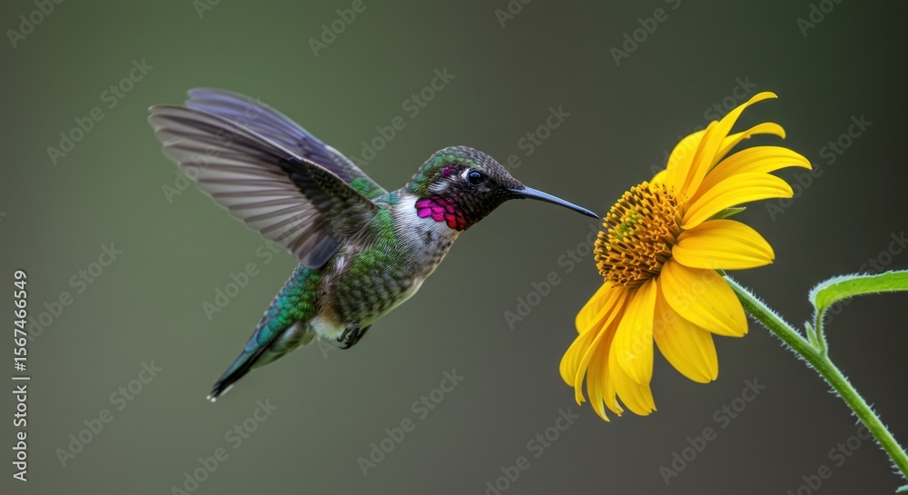 Fototapeta premium Vibrant hummingbird with iridescent feathers gathers nectar from a bright yellow bloom
