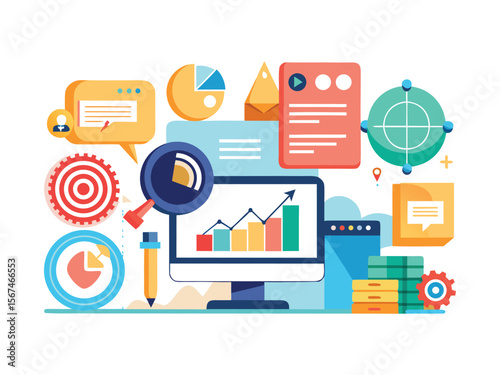 Business analytics and strategy icons with charts graphs and data analysis tools isolated on white background
