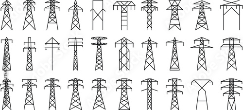High voltage electric tower icon set, transmission power line pylon collection, electricity distribution infrastructure vector silhouettes for energy utility design