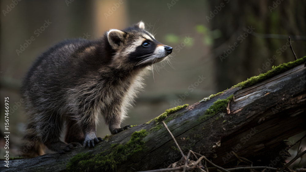 Fototapeta premium n a wooded area, a raccoon perches on a log, blending into the natural surroundings of trees and plants