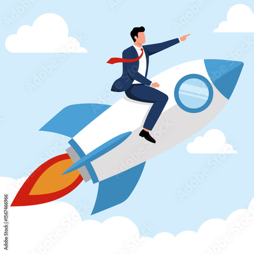 Illustration of a businessman on a rocket, symbolizing rapid growth, success, and ambition in a dynamic business world.