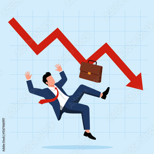 Illustration of a falling businessman next to a red downward arrow, symbolizing business decline, financial loss, and economic crisis.