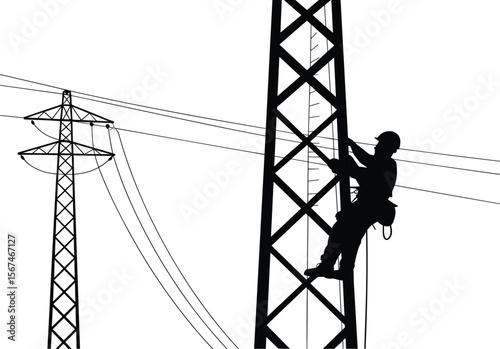 Lineman climbing power tower cad drawing flat vector illustration, safety harness gear, lattice pylon structure, energy maintenance silhouette scene