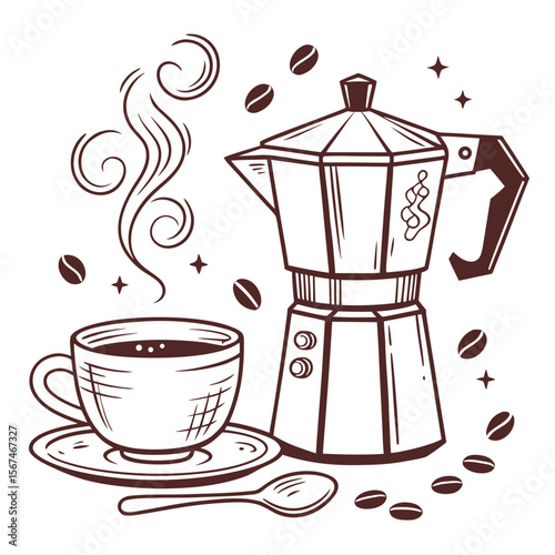 Hot Espresso Coffee Maker Cup And Beans moka pot saucer