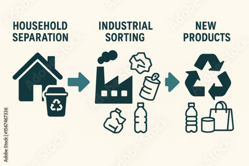 Vector illustration of the recycling process. Step-by-step flow from household separation, to industrial sorting, and ending in new recycled products. Clean layout, bold flat icons, sustainability
