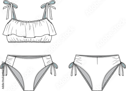 Ruffled tie bikini set cad drawing flat vector illustration, gathered bikini top with bow ties, side-tie bottoms, front and back view
