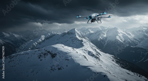 Drone surveying a desolate snow-covered mountain range beneath a threatening sky landscape