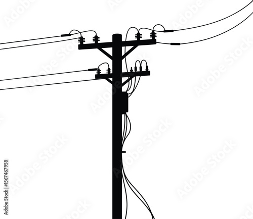 Traditional Wooden Utility Pole with Electrical Wires & Transformer: Silhouette of Power Distribution Infrastructure for Urban and Rural Energy Supply, Flat Vector Illustration