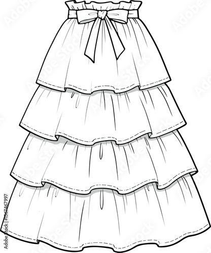 Tiered ruffle skirt cad drawing flat vector illustration, bow-tied waistband, voluminous layers, cascading silhouette, fashion sketch front and back view
