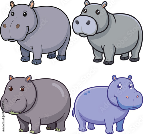 Cute cartoon hippos standing together in a group