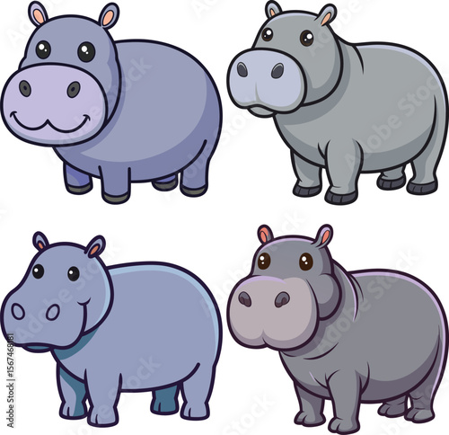 Cute cartoon hippos in different poses and colors on a white background