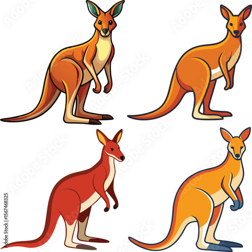 Four stylized cartoon kangaroos in different poses and colors