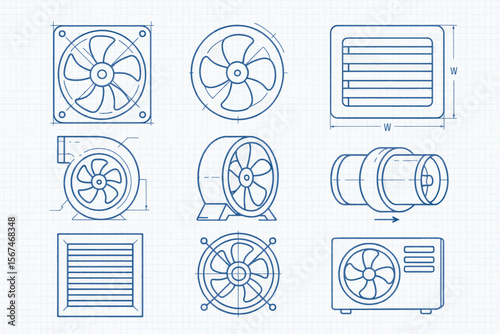 Technical blueprint illustration of various industrial fans and ventilators on graph paper, showcasing different types, shapes, and mechanical structures.
