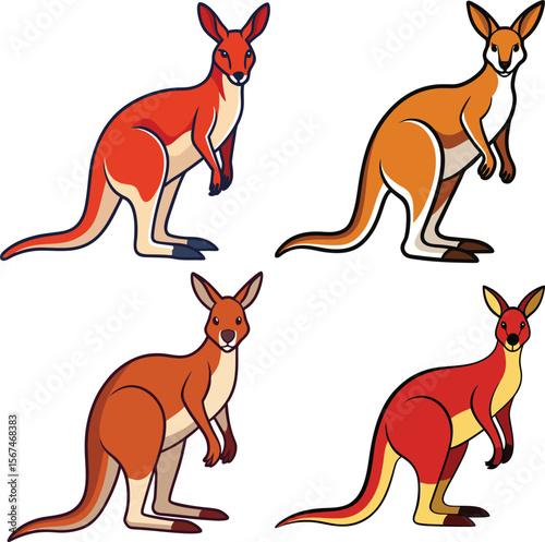 Four stylized cartoon kangaroos in different poses and colors on white background