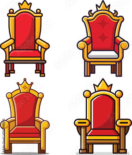 Collection of four ornate red and gold royal thrones with crowns
