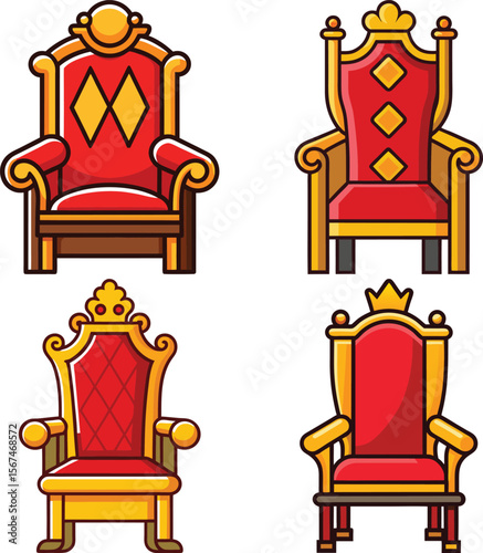 Collection of four ornate red and gold cartoon thrones with decorative elements