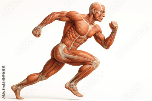 Labeled anatomical vector diagram of human muscle system in motion, identifying major muscle groups used in physical activity and exercise.