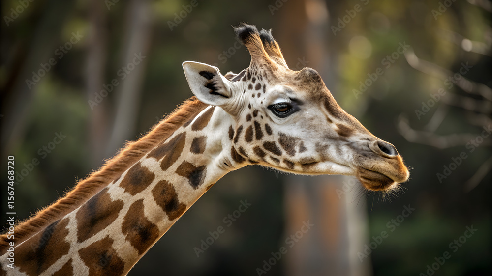 Fototapeta premium A giraffe with an elongated neck and face gazes curiously, surrounded by lush greenery