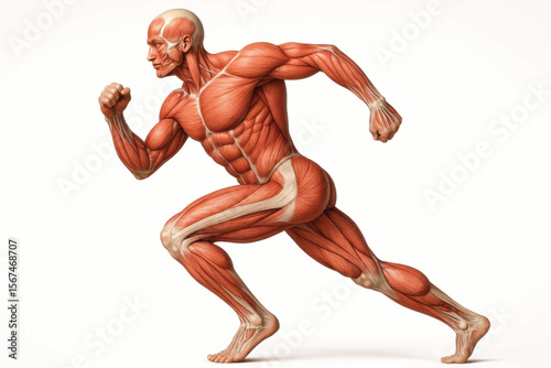 Labeled anatomical vector diagram of human muscle system in motion, identifying major muscle groups used in physical activity and exercise.