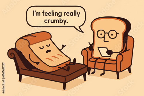 Vector illustration of a sad cartoon bread slice in therapy with a psychologist bread character, expressing emotions humorously.