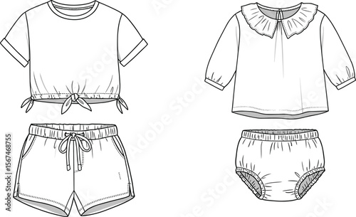 bloomers, children fashion sketch layoutTwo kidswear outfit sets cad drawing flat vector illustration, top and shorts, ruffled blouse with bloomers, children fashion sketch layout