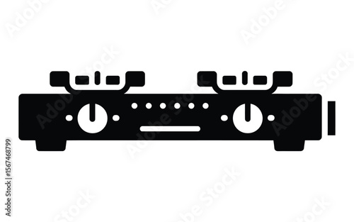 A minimalist black and white icon illustration of a two-burner gas stove