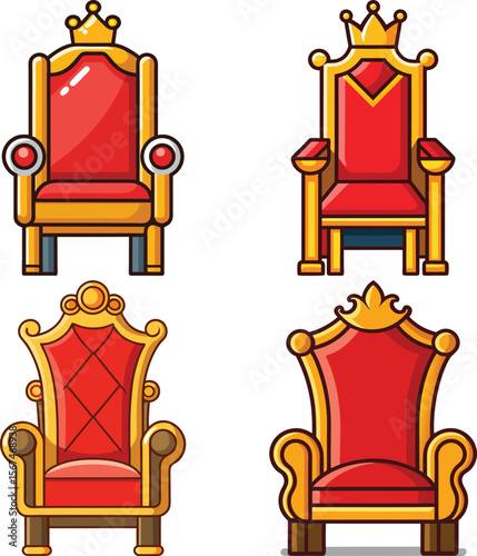 Collection of four ornate red and gold thrones with crowns on a white background