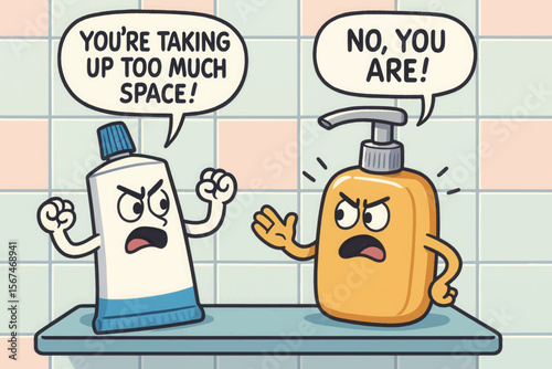 Vector cartoon of toothpaste and soap bottle arguing on bathroom shelf, adding humor and personality to everyday objects.