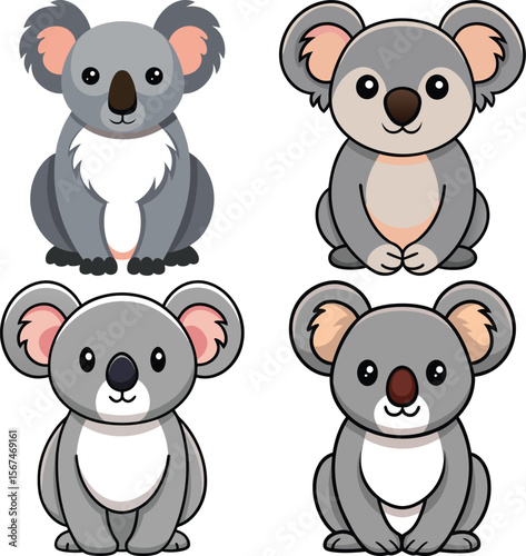 Four adorable cartoon koalas sitting and looking forward on white background