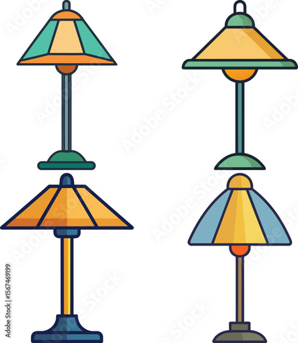 Collection of four stylized floor lamps with geometric designs and warm colors