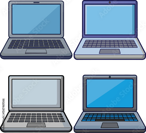 Collection of four stylized laptops with blue screens and keyboards